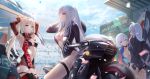  4girls ak-12_(girls_frontline) ak-15_(girls_frontline) an-94_(girls_frontline) ass bangs bikini black_bikini blonde_hair blue_sky bodysuit braid breasts cleavage cloud confetti eyebrows_visible_through_hair fingerless_gloves from_behind girls_frontline gloves green_eyes ground_vehicle high_ponytail large_breasts leaning_forward leotard long_hair looking_at_another motor_vehicle motorcycle multiple_girls navel outdoors parted_lips pink_eyes purple_eyes rpk-16_(girls_frontline) short_hair sidelocks silver_hair sitting skin_tight sky smile stadium standing stomach swimsuit thighhighs thighs tying_hair unzipped urano_ura white_bikini white_legwear 