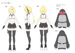  1girl ahoge black_gloves black_shorts blonde_hair braid character_sheet commentary crop_top faceless faceless_female fingerless_gloves full_body gloves headset highres long_hair multiple_views shigure1213 shirt shorts thigh_strap thighhighs translation_request tsurumaki_maki voiceroid white_shirt 