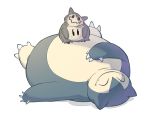  black_eyes claws closed_eyes closed_mouth commentary cosplay creature english_commentary fangs full_body gen_1_pokemon gen_7_pokemon gouwyak lying mimikyu no_humans on_back pokemon pokemon_(creature) simple_background smile snorlax snorlax_(cosplay) standing white_background 