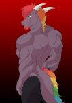  abs absurd_res anthro biceps big_muscles bottomwear clothed clothing demon digital_media_(artwork) dragon dragonjourney flexing hair hi_res jeans loki_rel_zephyr male model muscular muscular_male pants pecs pose rear_view scalie simple_background solo standing topless 