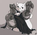  3_toes anthro big_feet blush clothing curvy_figure cute_fangs dressing eyelashes fangs feet female foot_focus garter_straps hi_res horn legs_up legwear monochrome nylon nylons paws putting_on_socks robe small_horns solo stockings stormdragonblue thick_thighs thigh_highs toes toriel undertale video_games wrinkles 