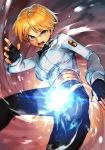  1girl blonde_hair blush breasts dress_shirt energy_ball fingerless_gloves gloves hankuri kicking king_(snk) large_breasts open_mouth pants sash shirt solo standing standing_on_one_leg the_king_of_fighters tsurime white_shirt 