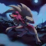  claws cloud cloudy_sky commentary creature dark english_commentary fangs full_body full_moon gen_7_pokemon highres lycanroc lycanroc_(midnight) moon night night_sky no_humans pinkgermy pokemon pokemon_(creature) rock sharp_teeth signature sky solo standing teeth 