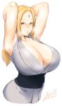  1girl armpits arms_behind_head arms_up blonde_hair breasts brown_eyes cleavage collarbone commentary dyun highres huge_breasts long_hair naruto naruto_(series) parted_lips signature simple_background solo steam sweat tsunade 