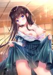  1girl bangs blue_eyes blurry blurry_background blush bra breasts brown_hair cover dress dress_lift eyebrows_visible_through_hair fake_cover indoors large_breasts lifted_by_self long_hair looking_at_viewer murasaki_(murasakiiro_no_yoru) nipples off_shoulder original smile solo underwear 