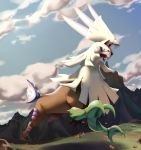  blue_sky cloud cloudy_sky commentary creature day english_commentary full_body gen_7_pokemon highres jumping legendary_pokemon looking_at_viewer mountain no_humans outdoors pinkgermy pokemon pokemon_(creature) rock running shadow silvally sky solo 