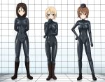  3girls arm_at_side arms_behind_back blonde_hair blue_eyes bodysuit boots braid brown_eyes brown_hair commentary_request contrapposto darjeeling_(girls_und_panzer) expressionless eyebrows_visible_through_hair garrison_cap girls_und_panzer hair_between_eyes hand_on_hip hat highres latex latex_bodysuit legs_apart legs_together looking_at_viewer multiple_girls nishizumi_maho nonna_(girls_und_panzer) shiny shiny_clothes short_hair skin_tight smile tamakko twin_braids zipper 