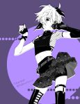  1girl belt commentary contrapposto cowboy_shot dated elbow_gloves emu_(marico_w) fingerless_gloves fishnet_top flower_(vocaloid) gloves greyscale highres holding holding_microphone looking_at_viewer microphone monochrome multicolored_hair multiple_monochrome music purple_background short_hair singing single_glove skirt solo streaked_hair suspenders thighhighs twitter_username v_flower_(vocaloid4) vocaloid wristband 