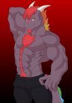  abs absurd_res anthro biceps big_muscles bottomwear clothed clothing demon digital_media_(artwork) dragon dragonjourney flexing hair hi_res jeans loki_rel_zephyr looking_at_viewer male model muscular muscular_male pants pecs pose scalie simple_background solo standing topless 