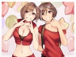  2girls balloon bare_shoulders breasts brown_eyes brown_hair brown_jacket character_request cleavage collarbone commentary_request grey_hair grin hair_between_eyes highres jacket looking_at_viewer meiko multicolored_hair multiple_girls navel off-shoulder_shirt off_shoulder red_jacket red_nails red_shirt shirt short_hair sleeveless sleeveless_jacket smile two-tone_hair upper_body vocaloid yen-mi 