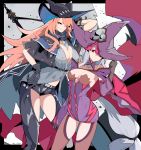  2girls absurdres arknights bb_m0024 black_sclera blazblue breasts cleavage commission cosplay costume_switch dress gloves hand_on_hip hat highres konoe_a_mercury large_breasts long_hair long_sleeves looking_at_viewer md5_mismatch midriff_cutout multiple_girls pink_hair red_eyes resized signature skadi_(arknights) sword thigh_cutout upscaled weapon white_hair witch_hat yellow_eyes 