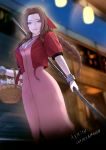  1girl aerith_gainsborough basket blue_eyes blurry bow bracelet braid breasts brown_hair buttons character_name choker cleavage cropped_jacket depth_of_field dress final_fantasy final_fantasy_vii final_fantasy_vii_remake flower flower_basket forehead from_below hair_bow jacket jewelry light_smile lips long_braid long_hair looking_at_viewer medium_breasts mezzo_(orbanga21) night pink_dress red_bow red_jacket ribbon_choker single_braid solo staff 