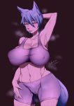  2020 anthro big_breasts blue_hair blush bodily_fluids breasts canid canine cleavage clothed clothing female fur genital_fluids hair hands_behind_head hi_res huge_breasts kemono looking_at_viewer mammal navel nipple_outline pussy_juice sakuragiyomi saliva signature solo standing sweat tongue tongue_out wide_hips 