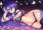  1girl artist_name black_legwear blue_hair blush breasts iris_heart large_breasts long_hair looking_at_viewer navel neptune_(series) panties pink_eyes power_symbol solo symbol-shaped_pupils thighhighs underwear underwear_only vermillion_dice 