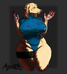  absurd_res athosvds big_breasts blood blue_clothing bodily_fluids breasts canid canine canis clothing dachshund domestic_dog female green_eyes hi_res huge_breasts hunting_dog looking_at_viewer mammal nipple_outline scar thick_thighs yura_(athosvds) 