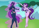  anthro anthrofied bikini breasts cleavage clothed clothing equid fan_character friendship_is_magic gender_transformation horn long_legs magic magic_wand mammal mtf_transformation my_little_pony outside sparkles spell starlight_glimmer_(mlp) swimwear thick_thighs thunder_glade_(oc) toughset transformation tree unicorn wide_hips 