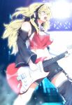  1girl ahoge asymmetrical_legwear asymmetrical_sleeves black_shorts black_sleeves blonde_hair bloom breasts commentary concert crop_top detached_sleeves electric_guitar feet_out_of_frame from_side guitar headset instrument long_hair medium_breasts music playing_instrument red_shirt shigure1213 shirt shorts solo steel_beam tsurumaki_maki voiceroid yellow_eyes 