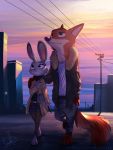  2020 absurd_res anthro barefoot building canid canine city clothed clothing detailed_background disney duo fox fully_clothed fur green_eyes grey_body grey_fur hi_res inner_ear_fluff jacket judy_hopps lagomorph leporid light lighting mammal nick_wilde orange_body orange_fur outside purse rabbit red_fox relaxable relaxablefur signature sky smile text topwear tuft url walking zootopia 