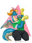 anthro big_breasts blue_body blue_scales breasts clothing dragon female gem gloves hair handwear hi_res horn jewelry lipstick makeup mature_female membrane_(anatomy) membranous_wings necklace orange_hair pearl_(gem) pearl_necklace rchammer sarah_(rchammer) scales solo wide_hips wing_claws wings 