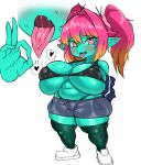  &lt;3 adelia_(changbae) big_breasts blush bodily_fluids breasts changbae clothing female goblin green_body hi_res huge_breasts humanoid looking_at_viewer not_furry pigtails short_stack solo sweat thick_thighs tight_clothing tongue tongue_out 