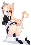 1girl abigail_williams_(fate/grand_order) absurdres alternate_costume animal_ears apron ass bangs black_bow black_dress black_footwear blonde_hair blue_eyes bow breasts cat_ears cat_tail closed_mouth dress enmaided fate/grand_order fate_(series) forehead hair_bow highres juliet_sleeves kneeling legs long_hair long_sleeves looking_at_viewer looking_back maid maid_headdress multiple_bows orange_bow panties parted_bangs puffy_sleeves small_breasts solo tail teranekosu thighhighs underwear white_apron white_legwear white_panties 