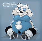 anthro belly big_belly big_breasts blue_background blue_clothing blue_eyes blue_sclera breasts clothed clothing denaturedalbumin duo english_text female female_focus fur mammal overweight pawpads polar_bear simple_background sitting text torn_clothing ursid ursine vore white_body white_fur 