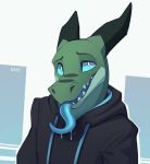  anthro blake_rosey blue_eyes bodily_fluids clothed clothing green_body green_skin hoodie horn looking_at_viewer male open_mouth portrait saliva scalie simple_background solo tongue tongue_out topwear 