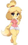  2020 3_toes 4_fingers absurd_res animal_crossing anthro blonde_hair canid canine canis clothed clothing dipstick_tail domestic_dog female fingers hair hi_res isabelle_(animal_crossing) looking_at_viewer mammal multicolored_tail nintendo shih_tzu shirt simmsyboy simple_background smile solo thick_thighs toes topwear toy_dog video_games white_background 
