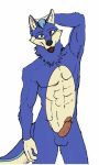  abs anthro arcthehusky blue_body blue_fur blue_hair bodily_fluids canid fur genital_fluids genitals hair hand_behind_head looking_at_viewer male mammal neck_tuft nude penis precum simple_background solo tongue tongue_out tuft white_background 