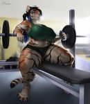  2020 anthro big_breasts breasts clothed clothing eruca felid female fur gym hair hi_res mammal muscular muscular_female pantherine solo stripes thick_thighs tiger topwear 