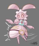  commentary creature english_commentary full_body gen_7_pokemon grey_background highres magearna magearna_(normal) motion_lines mythical_pokemon no_humans pink_theme pokemon pokemon_(creature) simple_background sol-lar-bink solo standing standing_on_one_leg 