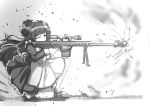  1girl anti-materiel_rifle apron bangs bipod blunt_bangs commentary_request debris greyscale gun idolmaster idolmaster_shiny_colors long_hair machismo_fuji maid maid_apron maid_dress mary_janes mayuzumi_fuyuko monochrome one_eye_closed one_knee recoil rifle scope shoes sniper_rifle solo suppressor two_side_up weapon 