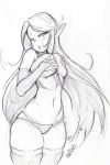  2019 black_and_white blush breast_squish breasts clothing elf english_text eyebrows eyelashes female hair half-closed_eyes humanoid humanoid_pointy_ears krakenparty legwear long_hair monochrome narrowed_eyes navel not_furry signature simple_background sketch solo squish stockings text traditional_media_(artwork) underwear white_background 