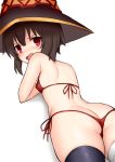  1girl ass bandaged_leg bandages bare_shoulders bikini black_legwear blush breasts brown_hair commentary_request covered_nipples eyebrows_visible_through_hair from_behind hat kono_subarashii_sekai_ni_shukufuku_wo! looking_at_viewer lying megumin micro_bikini on_stomach red_bikini red_eyes short_hair simple_background single_thighhigh small_breasts solo swimsuit thighhighs toshishikisai white_background witch_hat 