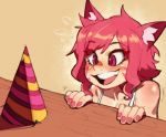  1girl animal_ear_fluff animal_ears cat_ears commentary english_commentary excited hat kollerss kollie_(kollerss) open_mouth original party_hat pink_eyes red_eyes red_nails smile solo whisker_markings 