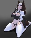  amhidden animal_humanoid black_hair bodily_fluids breasts canid canid_humanoid canine canine_humanoid clothed clothing cum female fox_humanoid genital_fluids genitals hair hi_res humanoid kneeling looking_at_viewer mammal mammal_humanoid nipples pussy solo white_hair 