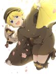  1boy 1girl black_capelet black_legwear black_shirt black_shorts blonde_hair blue_eyes capelet cherry_blossoms commentary dress expressionless eyepatch falling_petals fan folding_fan frilled_capelet frills geta hat holding holding_fan kagamine_len kagamine_rin knees_up looking_at_viewer military military_hat military_uniform ni_no_sakura_kouchou_(module) ni_no_sakura_senbu_(module) open_mouth petals project_diva_(series) senbon-zakura_(vocaloid) shirt short_hair shorts sinaooo smile thighhighs uniform vocaloid white_background white_dress wide_sleeves 