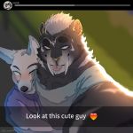  &lt;3 1:1 absurd_res anthro biped black_body black_fur black_tail bluesh blurred_background blush canid canine canis chris_(bluesh) clothed clothing couple_(disambiguation) duo english_text felid fur hair hi_res jacob_(bluesh) machairodontine male male/male mammal multicolored_body multicolored_fur multicolored_tail selfie size_difference text tongue tongue_out whisker_spots white_body white_fur white_hair white_tail wolf 