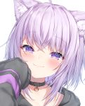  1girl :3 ahoge animal_ear_fluff animal_ears black_choker black_hoodie blush cat_ears cheek_squash choker closed_mouth commentary eyebrows_visible_through_hair hair_between_eyes hand_on_own_cheek hand_on_own_face highres hololive lavender_hair looking_at_viewer medium_hair nekomata_okayu portrait purple_eyes sleeves_past_fingers sleeves_past_wrists smile solo topia virtual_youtuber 