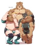  2020 absurd_res anthro belly brown_body brown_fur bulge canid canine canis clothing domestic_dog fur group hi_res human humanoid_hands jumperbear kemono male mammal moobs nipples overweight overweight_male simple_background underwear ursid white_background wrestling 
