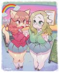  2018 absurd_res anthro beverage big_breasts blonde_hair blush border bottomwear bovid braided_hair breasts brown_hair bubble_tea caprine clothed clothing counter cute_fangs dated detailed_background domestic_cat duo ear_piercing eating eyewear felid feline felis female food footwear fully_clothed fur glasses goat hair hi_res holding_object horn kemono legwear looking_at_object mammal menu miniskirt nipple_outline piercing rainbow red_eyes shoes sign skirt socks standing tan_body tan_fur thick_thighs topwear white_body white_border white_fur ziroro326 