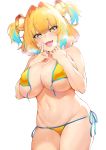  1girl aqua_hair backlighting bangs bare_shoulders bikini blonde_hair blush bombergirl breasts cameltoe cowboy_shot eyebrows_visible_through_hair fang grenade_hair_ornament groin hands_up heavy_breathing highres iku_(ikuchan_kaoru) index_finger_raised large_breasts legs_together looking_at_viewer multicolored_hair naughty_face navel pine_(bombergirl) raised_eyebrows short_hair side-tie_bikini simple_background smile solo swimsuit symbol-shaped_pupils thighs two-tone_hair two_side_up untied untied_bikini white_background yellow_bikini 