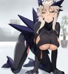  1girl all_fours artoria_pendragon_(all) artoria_pendragon_(lancer_alter) bangs bare_shoulders blonde_hair blush braid breasts cleavage cosplay fate/grand_order fate_(series) gloves hair_between_eyes horns kasuka_(kusuki) large_breasts long_hair looking_at_viewer navel open_mouth sidelocks solo thighhighs yellow_eyes 