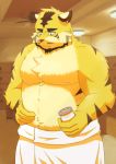  2020 anthro beard belly cute_fangs facial_hair felid fur hi_res humanoid_hands kemono male mammal moobs mustache nipples overweight overweight_male pantherine solo suzu76ring tiger towel yellow_body yellow_fur 