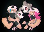  1boy 1girl black_background black_wristband blue_eyes blue_hair commentary creature duskull english_commentary floating furrowed_eyebrows gen_3_pokemon ghost jaho-12 looking_at_viewer medium_hair one_eye_closed pink_eyes pink_hair pokemon pokemon_(creature) serious simple_background skull_hat team_skull team_skull_grunt team_skull_uniform uniform white_headwear 