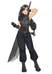  1girl armpits black_hair boots buster_sword cloud_strife cloud_strife_(cosplay) cosplay final_fantasy final_fantasy_vii final_fantasy_vii_remake full_body gauntlets gloves highres irene_koh long_hair looking_at_viewer low-tied_long_hair shoulder_armor simple_background sleeveless sleeveless_turtleneck solo suspenders sword tifa_lockhart turtleneck weapon weapon_on_back 