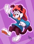  3_toes 4_fingers animaniacs anthro black_body black_eyes black_fur clothing fingers fur hat headgear headwear open_mouth pandapaco pawpads purple_background red_nose shirt simple_background toes tongue topwear unknown_species wakko_warner warner_brothers white_body white_fur 
