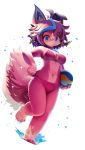  4_fingers 4_toes alpha_channel anthro ball beach_ball bikini biped blue_eyes blue_hair breasts canid canine cleavage clothed clothing female fingers full_bokko_heroes_x fullbokko_heroes fur hair hi_res jabberwock_(full_bokko_heroes_x) jabberwock_(fullbokko_heroes) kemono lyc mammal navel on_one_leg pink_body pink_hair simple_background smile solo standing swimwear toes transparent_background video_games water 