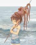  1girl animal bare_shoulders blue_eyes brown_hair child closed_fan closed_mouth collarbone denim denim_shorts fan folding_fan half-closed_eyes harpoon holding long_hair ocean octopus original outdoors shorts standing tentacles tnyk2 water wet yellow_eyes 