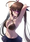  1girl antenna_hair armpits arms_behind_head bikini bikini_top black_bikini blue_skirt breasts brown_hair cleavage commentary_request girls_frontline highres long_hair looking_at_viewer m14_(girls_frontline) navel partial_commentary pleated_skirt purple_eyes simple_background skirt smile solo swimsuit twintails very_long_hair warashi white_background 